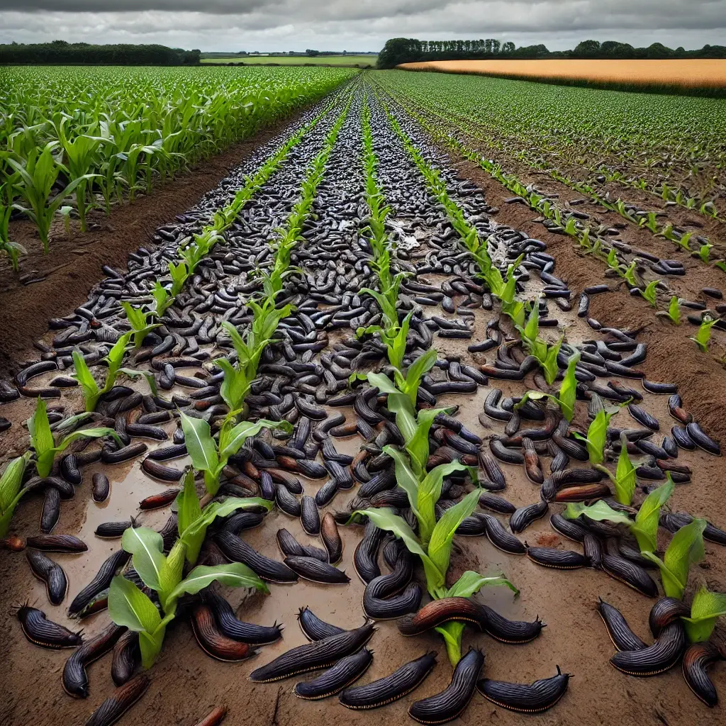ein landwirtschaftliches Feld voller Nacktschnecken, auf dem ein professionelles Schneckenmittel eingesetzt werden muss