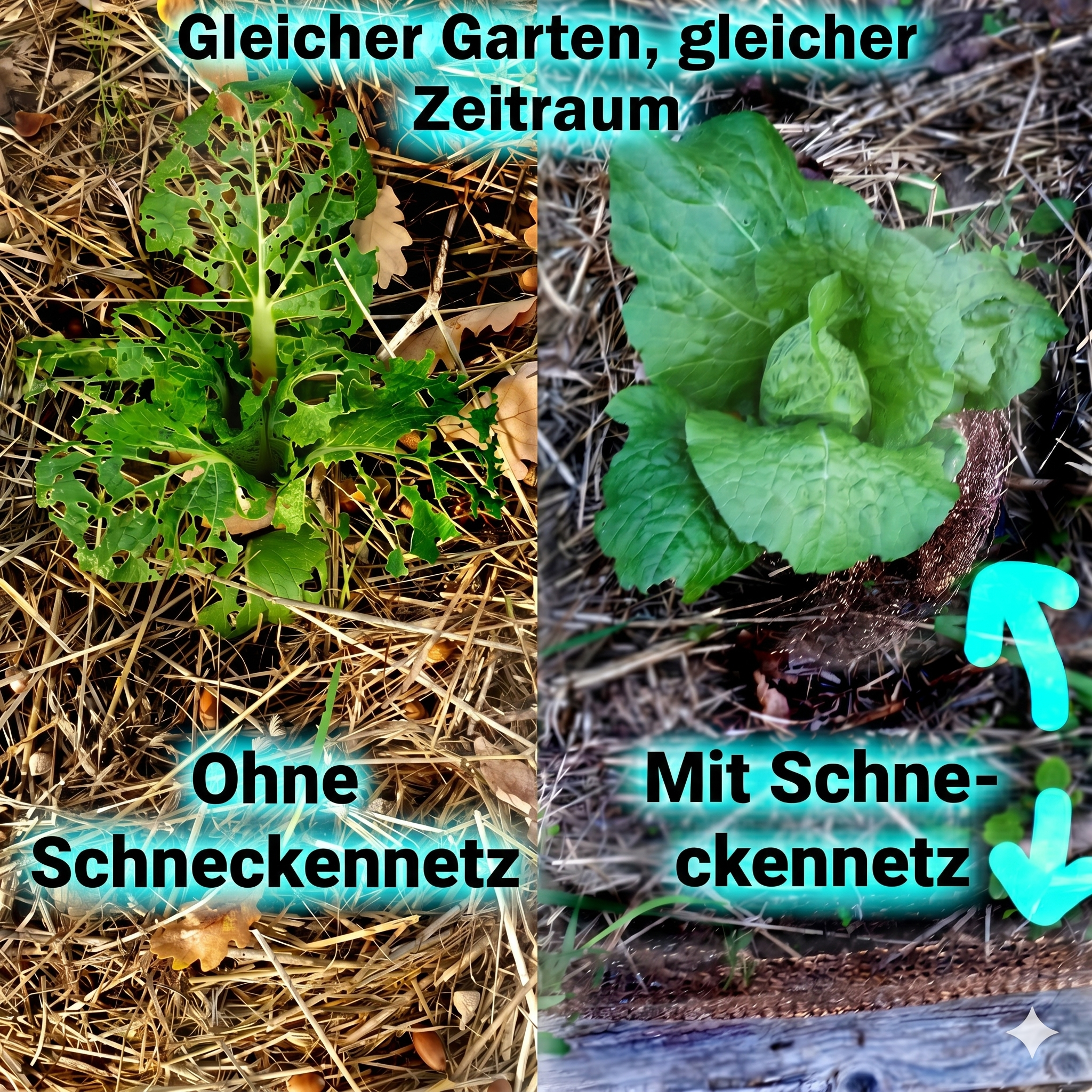 Vorher / nachher: Gemüsegarten mit und ohne das Schneckennetz