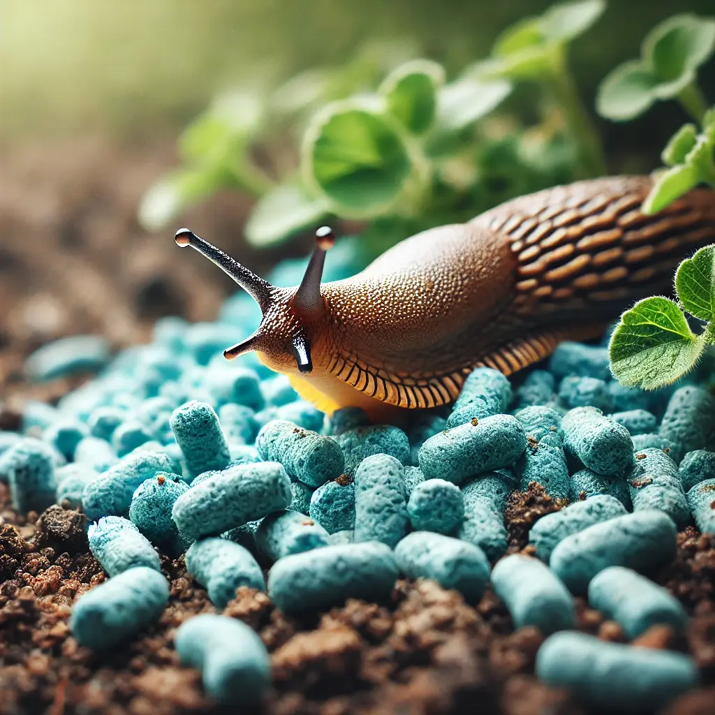 eine Nacktschnecke inmitten von blauem Schneckenkorn