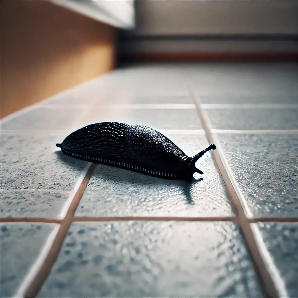 eine schwarze Nacktschnecke in einem Haus