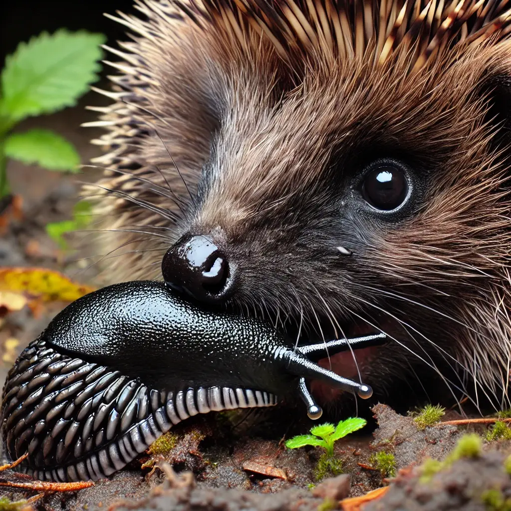 ein Igel, der eine schwarze Nacktschnecke frisst