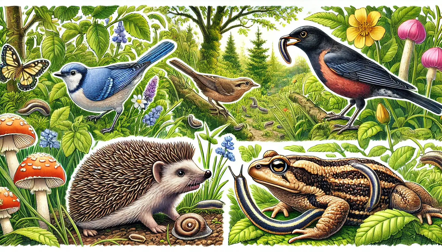 Illustration der Tiere, die Schnecken fressen